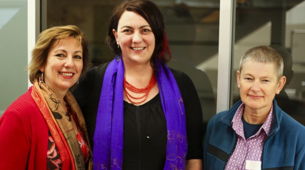 Conference MC Kate Maguire with Kerrie Noonan and Peta Murray from The Groundswell Project. Photo credit Adam Dunn, Big Shot Graffix
