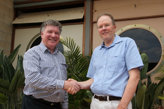 Former village owner Marcus Barlow  with Churches of Christ in Queensland CEO Dean Phelan.