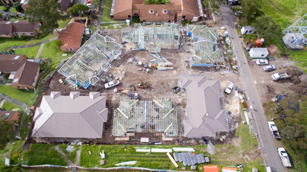 An aerial photo of construction of the Pathways Project in May