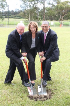 Turning the sod on11 February, from left: Lord Mayor of Wollongong City Council Gordon Bradbery, IRT's  Heather Marciano and NSW Minister for Ageing and Disability Services John Ajaka