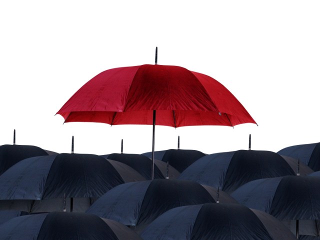 Red umbrella stand out from black umbrellas on studio