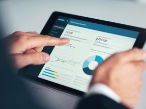 Investment, corporate or business man with tablet for invest strategy, finance growth or financial review. Hand, screen or analytics on technology for planning, data analysis or economy web research