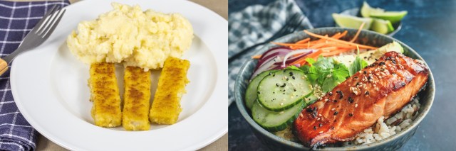 breaded fish and mashed potatoes