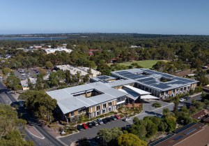 Resthaven Aberfoyle Park from the air showing solar panels, reserve adjacent and reservoir - smaller
