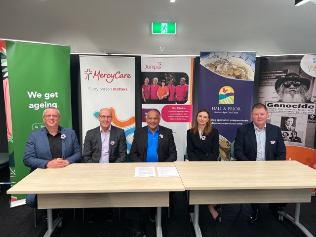 (L-R) Phil Martin, MercyCare Executive Director of Aged Care Services; Russell Bricknell, Juniper CEO; Jim Morrison, Yokai CEO; Roule Jones, Bethanie CEO; Graeme Prior