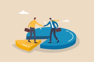 Shareholder or stakeholders, sharing benefit or merger and acquisition, partnership or collaboration, marketshare or agreement concept, businessman handshaking on pie chart to share profit together.