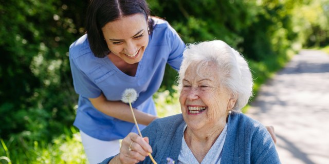 Female caregiver and senior woman in wheelchair holding dandelion, picking wild flowers. Nurse and elderly woman enjoying a warm day in nursing home, public park.