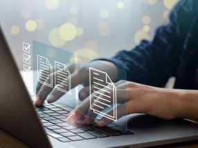 business man who uses a computer to manage documents document management concept digital document online document database and digital file storage systems, record-keeping software database technology