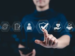 Work safety and compliance concept. A person with work safety and compliance icons, including a shield, hard hat, checklist, workplace safety, health protocols, and regulatory compliance. Safety First